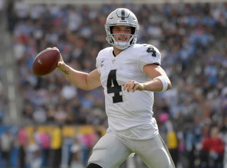 FILE PHOTO: Oct 7, 2018; Carson, CA, USA; Oakland Raiders quarterback Derek Carr (4) throws a a pass in the fourth quarter against the Los Angeles Chargers at StubHub Center. The Chargers defeated the Raiders 26-10. Mandatory Credit: Kirby Lee-USA TODAY Sports