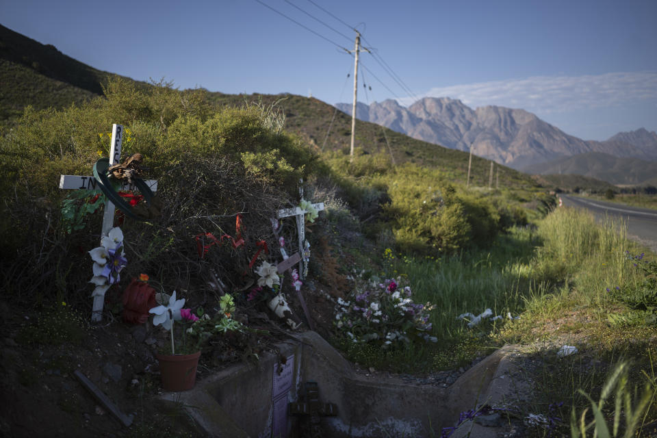 Flowers and crosses mark the place where the body of 8-year-old Tazne van Wyk was found in February next to a highway in Worcester, South Africa, more than 100 kilometers (60 miles) from her home, on Sept. 12, 2020. The girl was raped and murdered after she was abducted next to her home. (AP Photo/Bram Janssen)