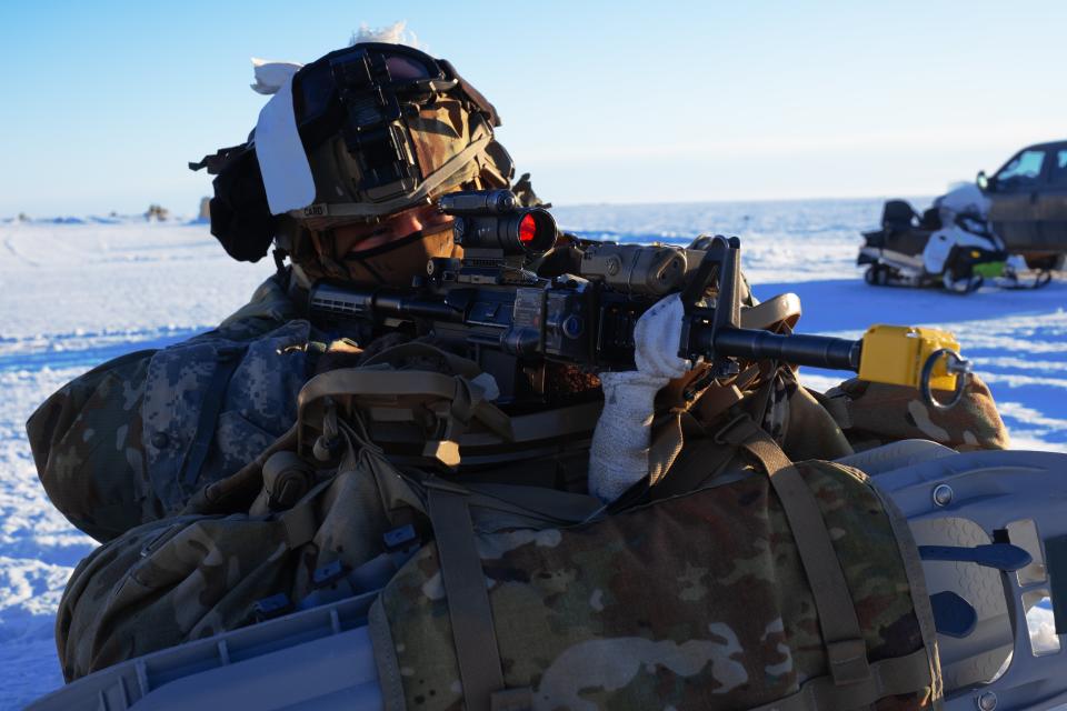 U.S. Army Soldiers assigned to 1st Infantry Brigade Combat Team, 11th Airborne Division, defend their objective outside of Utqiagvik, Alaska as part of Joint Pacific Multinational Readiness Training Center 24-02, Feb. 15, 2024.