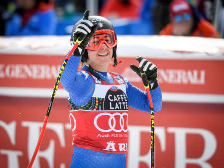 Alpine Skiing - FIS Alpine Skiing World Cup - Women's Downhill - Are, Sweden - March 14, 2018. Sofia Goggia of Italy reacts after final race. Anders Wiklund/TT News Agency via Reuters