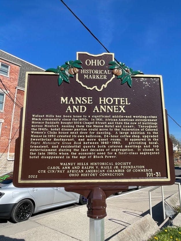 An Ohio historical marker in Walnut Hills for the Manse Hotel and Annex, to be dedicated May 12, 2023.