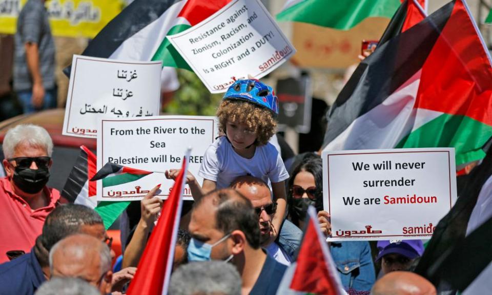 Palestinians demonstrate the city of Ramallah, in the occupied West Bank, in solidarity with Gaza today.