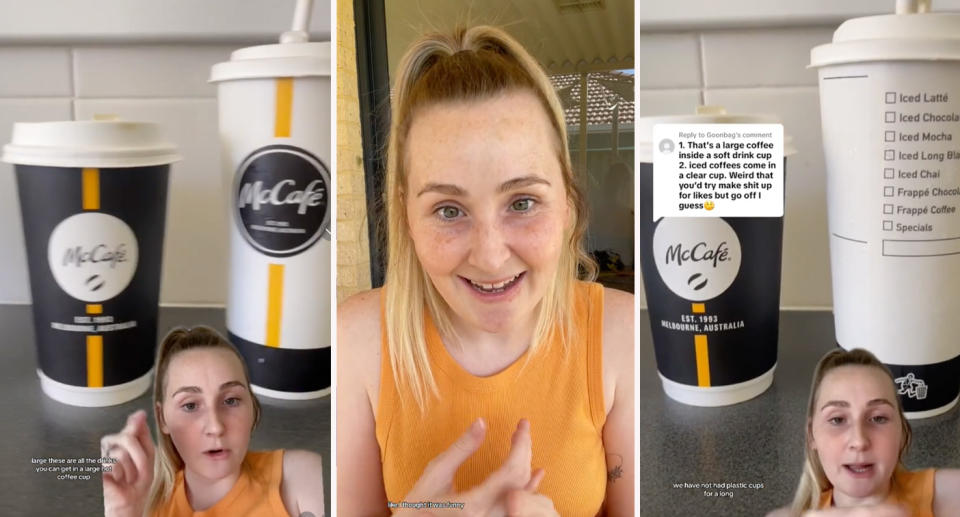 Perth mum Tayla explaining the difference between hot drink cups and cold drink cups at McDonald's stores in Western Australia. 
