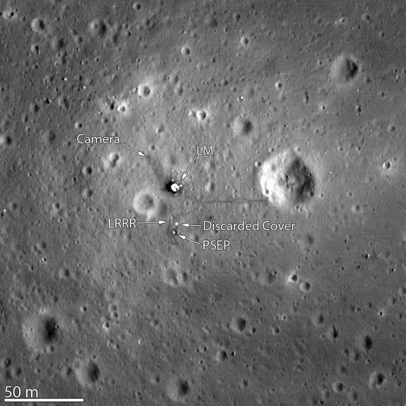 The Lunar Reconnaissance Orbiter Camera snapped its best look yet of the Apollo 11 landing site on the moon. The image, which was released on March 7, 2012, even shows the remnants of Neil Armstrong and Buzz Aldrin's historic first steps on the