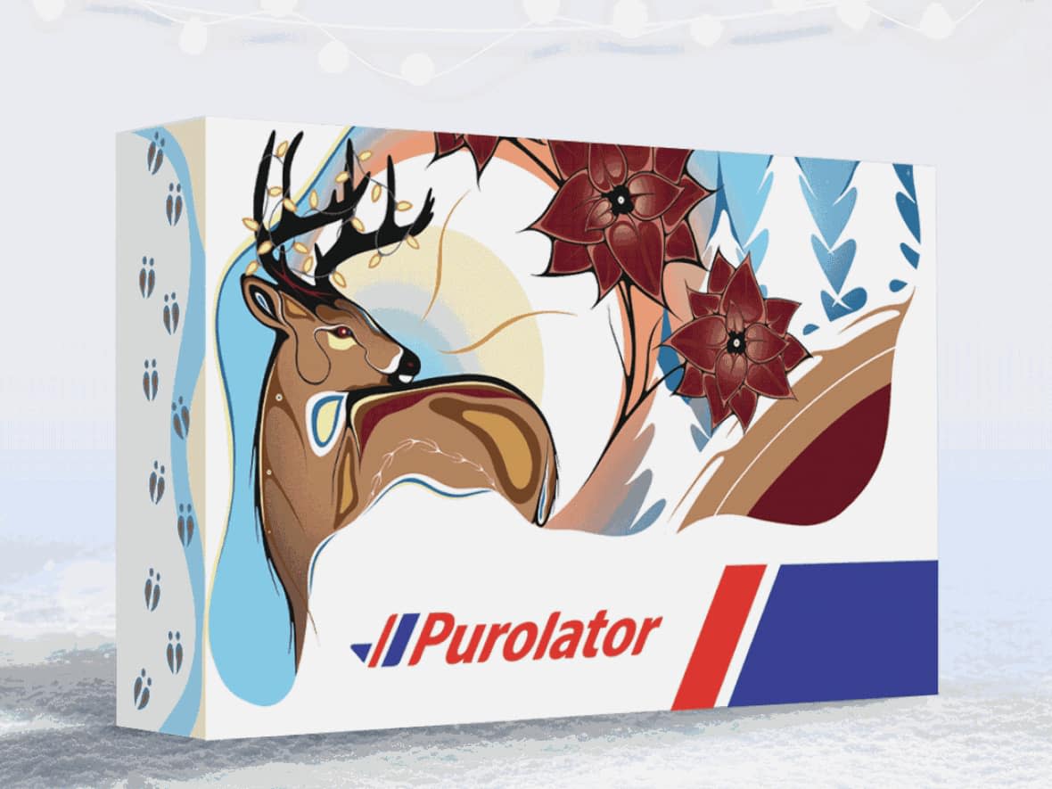 The front of the Purolator holiday box designed by Emily Kewageshig features a buck with poinsettias. (Submitted by Emily Kewageshig - image credit)