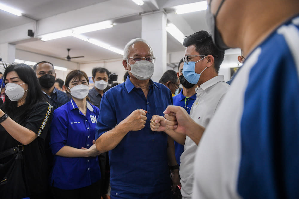 Datuk Seri Najib Razak is seen at Restoran Hock Lai in Taman Bukit Indah, Johor February 27, 2022. — Picture by Ben Tan