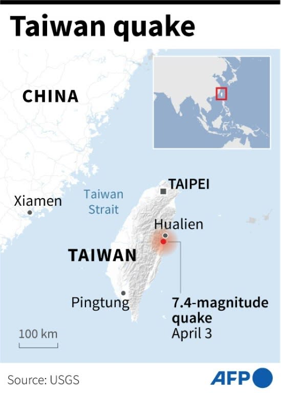 Map of Taiwan locating the epicentre of a 7.4-magnitude earthquake that struck on Wednesday. (STAFF)