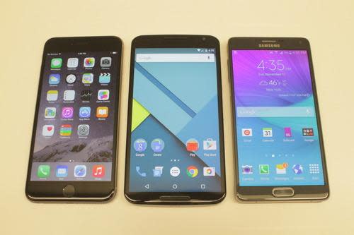 Screens of iPhone 6 Plus, Nexus 6, and Galaxy Note 4