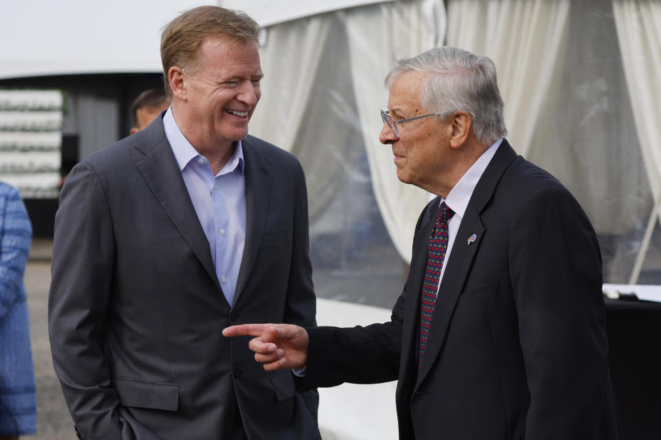 NFL Commissioner Roger Goodell, left, and Buffalo Bills owner Terry Pegula talk prior to the groundbreaking ceremony at the site of the new Bills Stadium in Orchard Park, N.Y., Monday June 5, 2023. (AP Photo/Jeffrey T. Barnes)