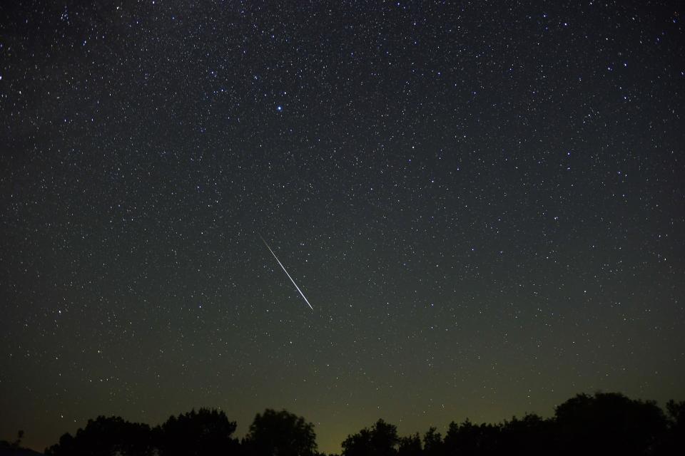 A meteor shower is pictured against a starry sky and picturesque foreground