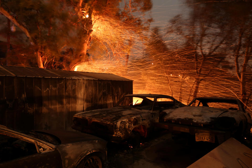 <p>Embers blow from a tree shortly before it fell down near burned cars as strong winds push the Thomas Fire across thousands of acres near Santa Paula, Calif., Dec. 5, 2017. (Photo: David McNew/Reuters) </p>