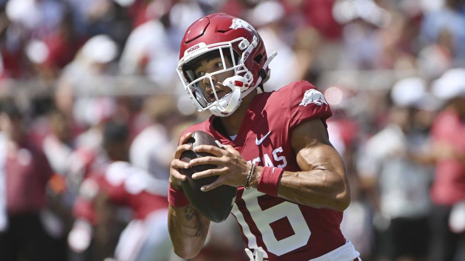 Arkansas wide receiver Isaiah Sategna (16) runs a play against Cincinnati during an NCAA football game on Saturday, Sept. 3, 2022, in Fayetteville, Ark. (AP Photo/Michael Woods)