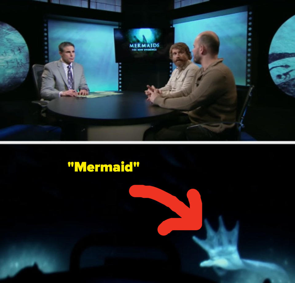 three men around a table talking about mermaids, and then a photo of webbed feet with an arrow pointing to it claiming it's a mermaid