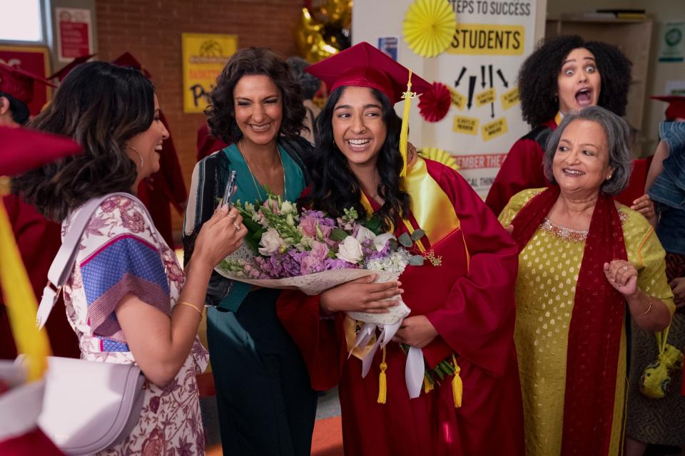 Richa Moorjani as Kamala, Poorna Jagannathan as Nalini Vishwakumar, Maitreyi Ramakrishnan as Devi, Ranjita Chakravarty as Nirmala and Lee Rodriguez as Fabiola Torres. (Courtesy of Netflix 2022 / LARA SOLANKI/NETFLIX)