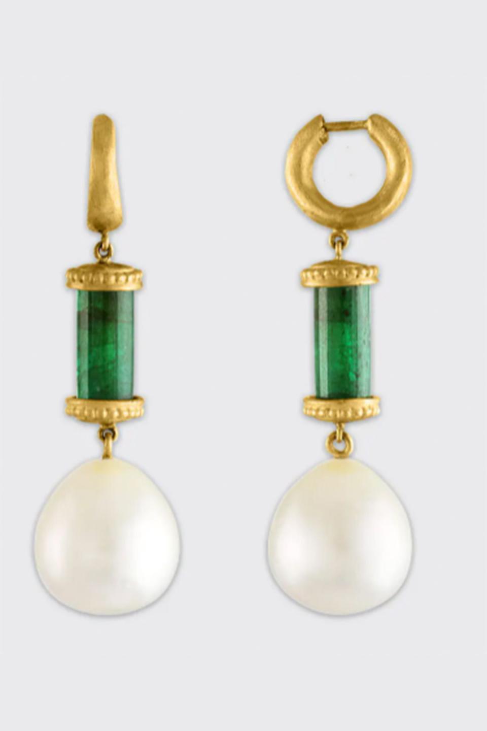 Emerald Tropaion with South Sea Pearl Earrings 22K Gold