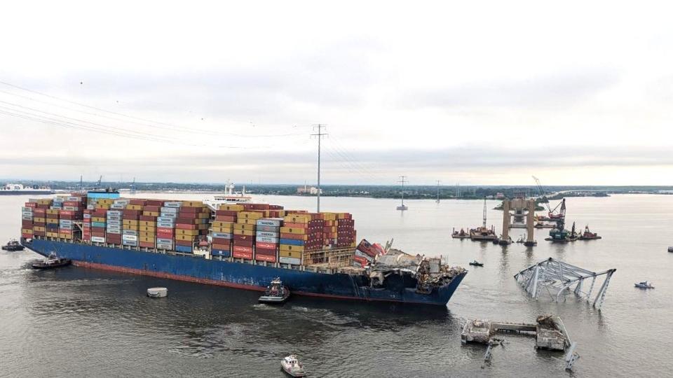 The MV Dali was refloated and moved Monday away from the site of its collision with the Francis Scott Key Bridge. (Photo: U.S. Coast Guard/U.S. Army Corps of Engineers)