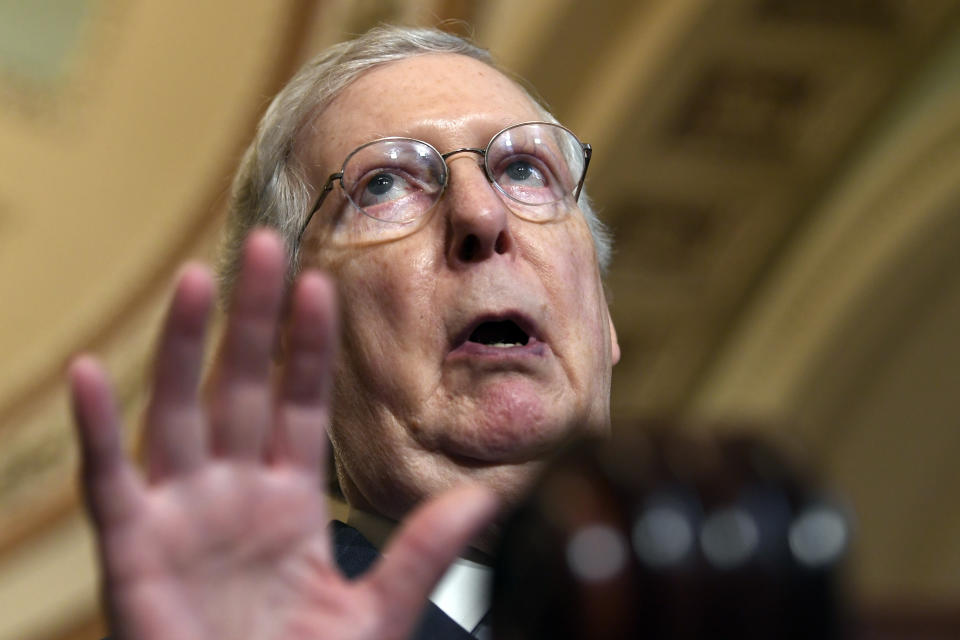 Senate Majority Leader Mitch McConnell of Ky., speaks to reporters following the weekly policy lunches on Capitol Hill in Washington, Tuesday, July 23, 2019. (AP Photo/Susan Walsh)