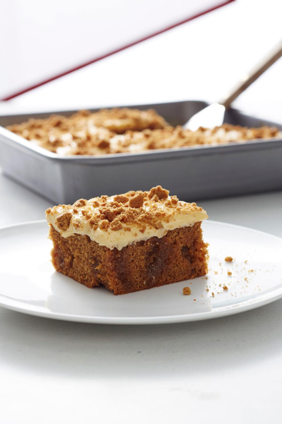 Salted Caramel Gingerbread Poke Cake with Pumpkin Cream Cheese Frosting