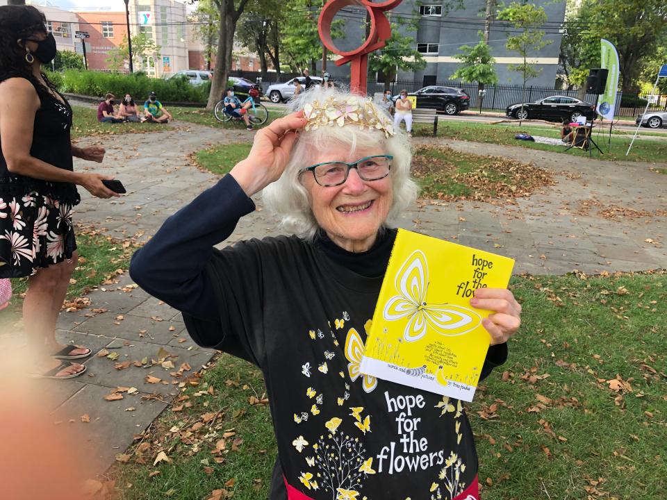 Trina Paulus, author of "Hope for the Flowers," known as the Butterfly Lady in Montclair, has been raising and releasing Monarchs from eggs she's found on milkweed plants for decades, and teaching others how. Crane Park, August 9, 2020.