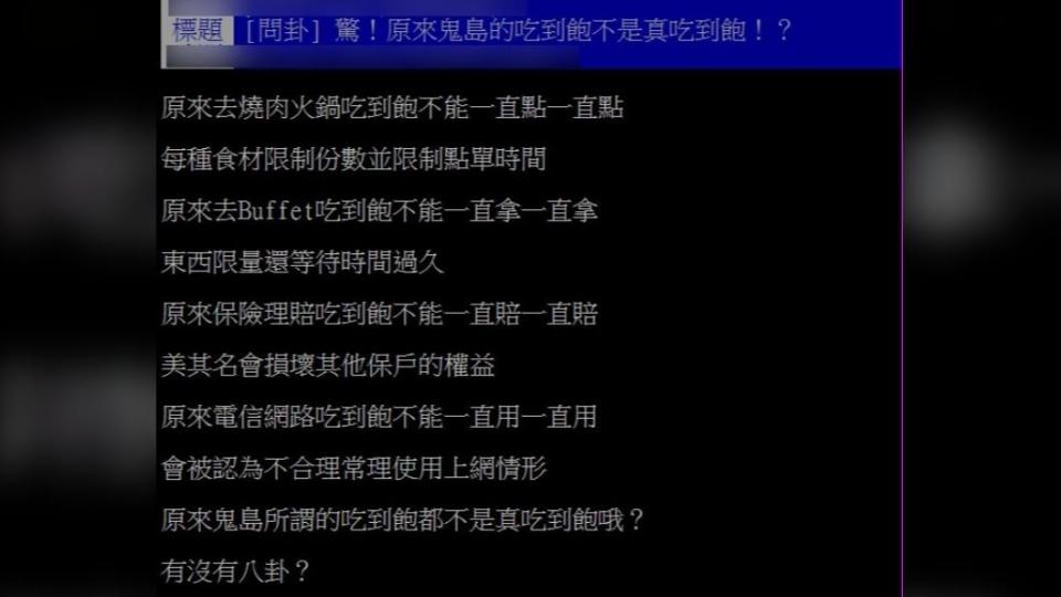 原po點出四大吃到飽假象，引發網友議論為正常現象。（圖／翻攝自PTT）