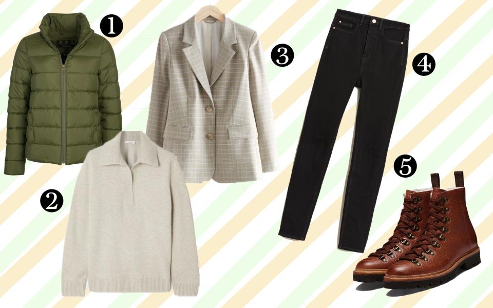 1. Hinton jacket (£129, Barbour); 2. Vince wool polo (£440, Net-a-Porter);3. Checked blazer (£135, & Other Stories); 4. Shaping skinny jeans (£39.50, M&S); 5. Nanette boots (£325, Grenson) 