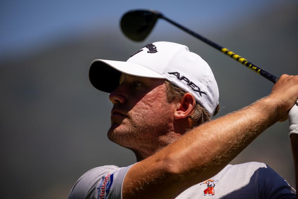 Zach Bauchou hits a tee shot during the Utah Championship, part of the PGA Korn Ferry Tour, at Oakridge Country Club in Farmington on Saturday, Aug. 5, 2023. | Spenser Heaps, Deseret News