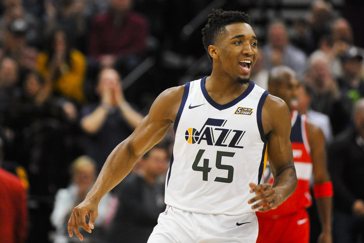 Donovan Mitchell’s been scoring at the rim and from beyond the arc during Utah’s six-game winning streak. (AP)