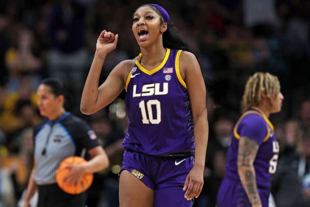 PHOTO: Angel Reese #10 of the LSU Tigers reacts during the fourth quarter against the Iowa Hawkeyes during the 2023 NCAA Women's Basketball Tournament championship game at American Airlines Center on April 02, 2023 in Dallas. (Tom Pennington/Getty Images)