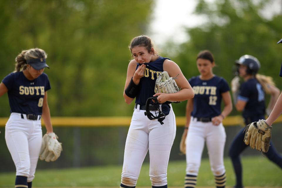 Council Rock South pitcher Julia Scannapieco reacts with teammates Ameerah Wheet (8) and Kaylie Walters (12) during the fifth inning of Thursday's game against North Penn.