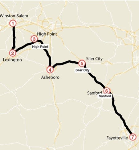 The new Mid-State Express provides daily round-trip intercity bus service to and from Winston-Salem and Fayetteville with stops in Lexington, High Point, Asheboro, Siler City and Sanford.