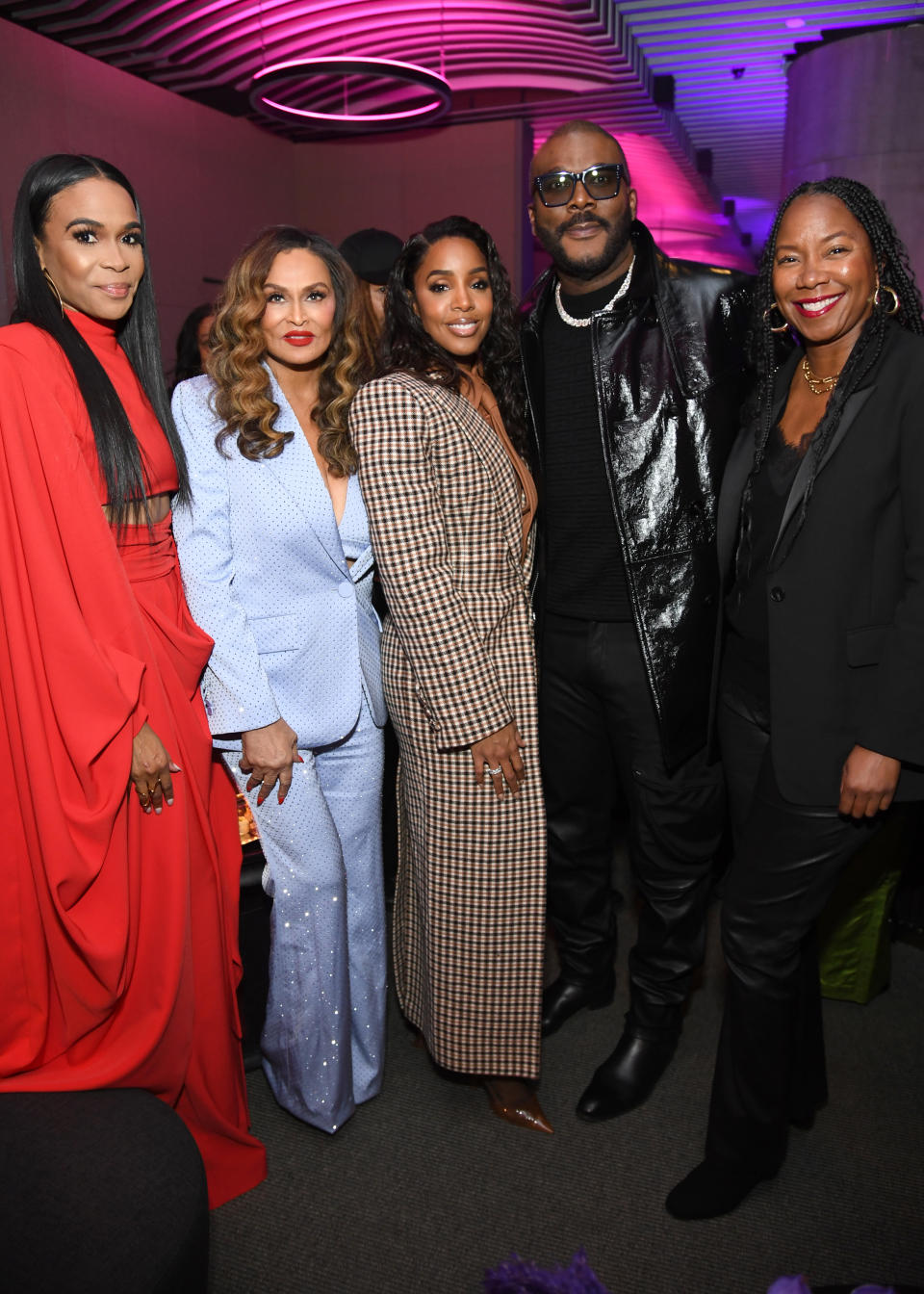 NEW YORK, NEW YORK - FEBRUARY 15: (L-R) Michelle Williams, Tina Knowles, Kelly Rowland, Tyler Perry, and Niija Kuykendall attend Tyler Perry's Mea Culpa Premiere at The Paris Theatre on February 15, 2024 in New York City. (Photo by Noam Galai/Getty Images for Netflix)