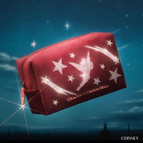 red makeup bag with tinkerbell pattern