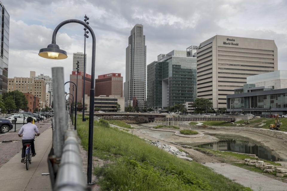 Downtown Omaha where a city center park and lagoon known as Gene Leahy Mall is under reconstruction.