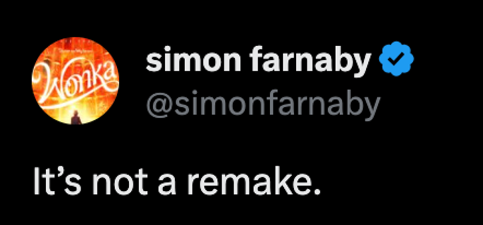 ‘Wonka’ co-screenwriter Simon Farnaby is persistently pointing out the new film is not a ‘remake’ (Twitter)