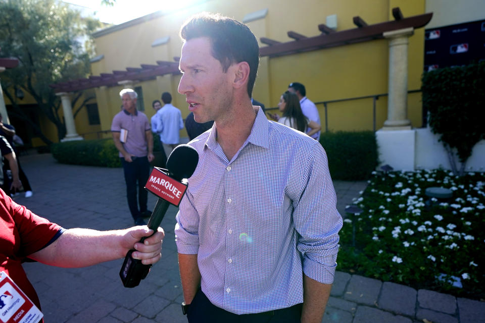 Boston Red Sox chief baseball officer Craig Breslow speaks during the Major League Baseball's general manager meetings, Tuesday, Nov. 7, 2023, in Scottsdale, Ariz. (AP Photo/Matt York)