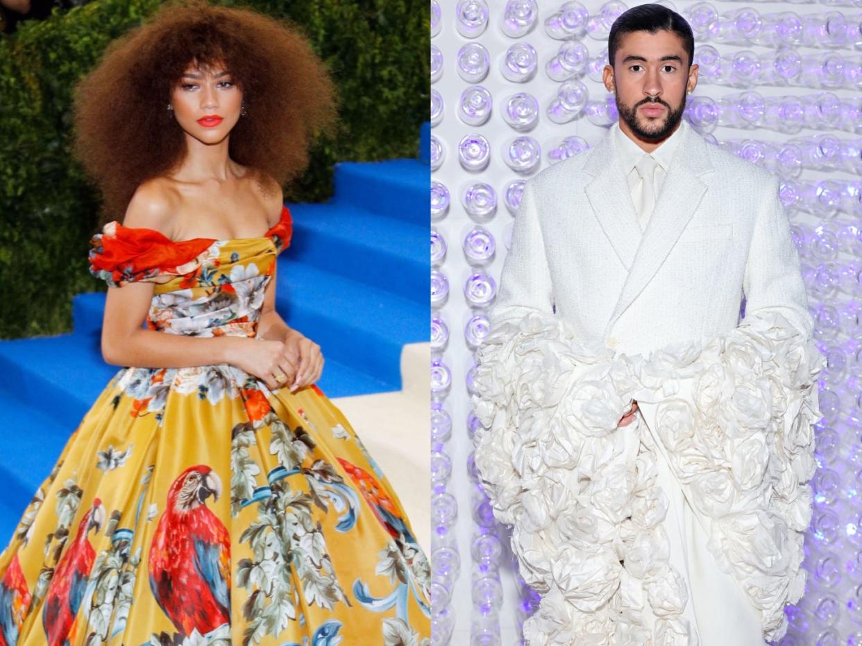 Zendaya at the 2017 Met Gala and Bad Bunny at the 2023 Met Gala.