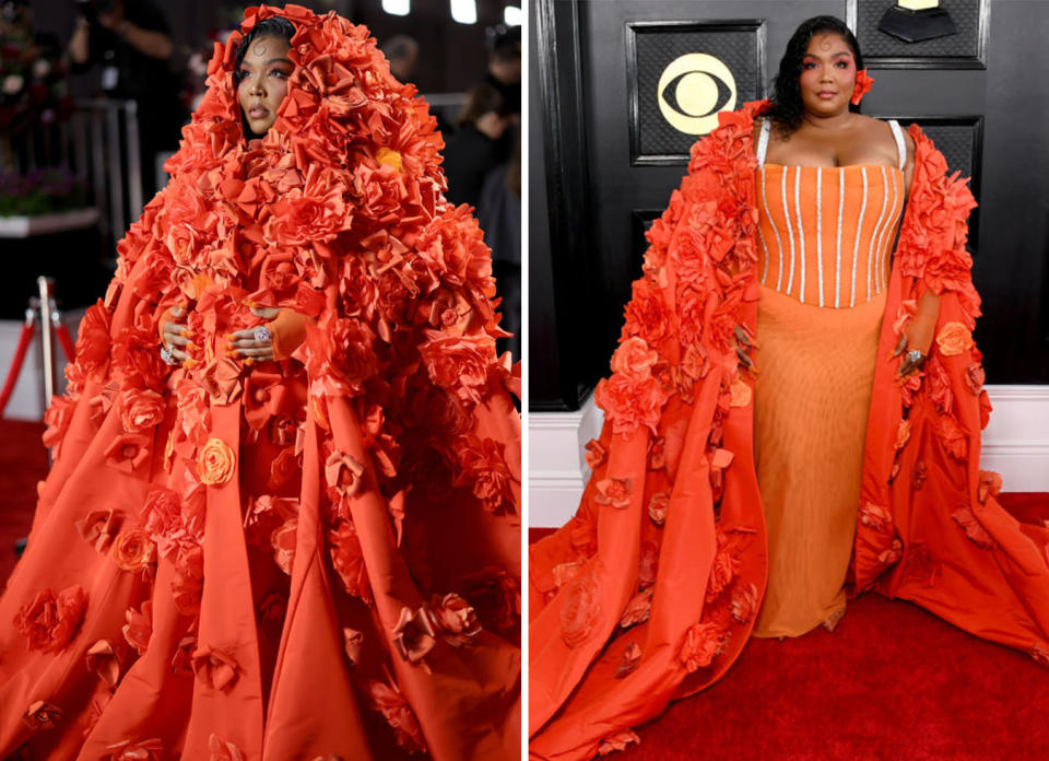 Two photos of Lizzo at the 2023 Grammy Awards