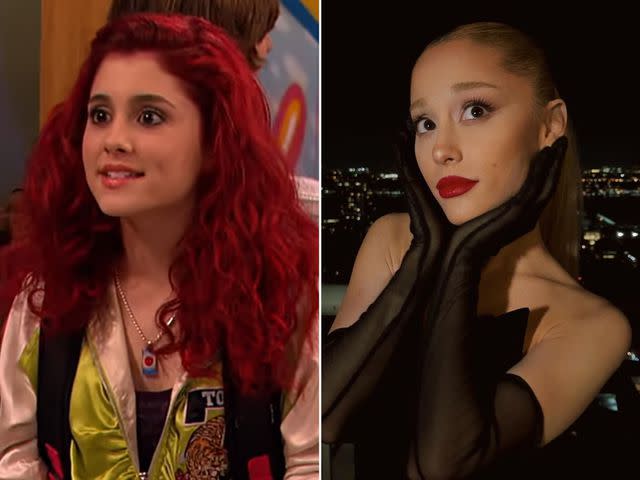 <p>Nickelodeon ; Ariana Grande Instagram</p> Ariana Grande as Cat Valentine in 'Victorious'. ; Ariana Grande in 2023.