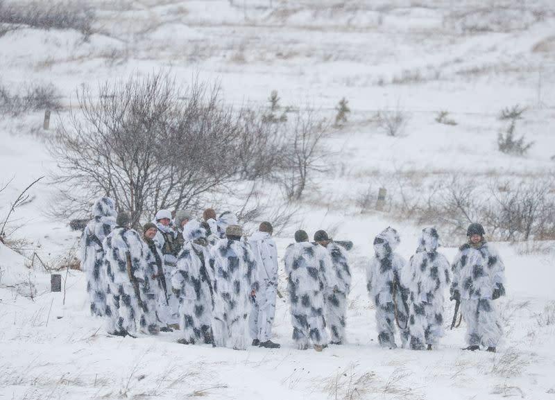 Ukrainian service members are seen during drills with NLAW missiles in the Lviv region