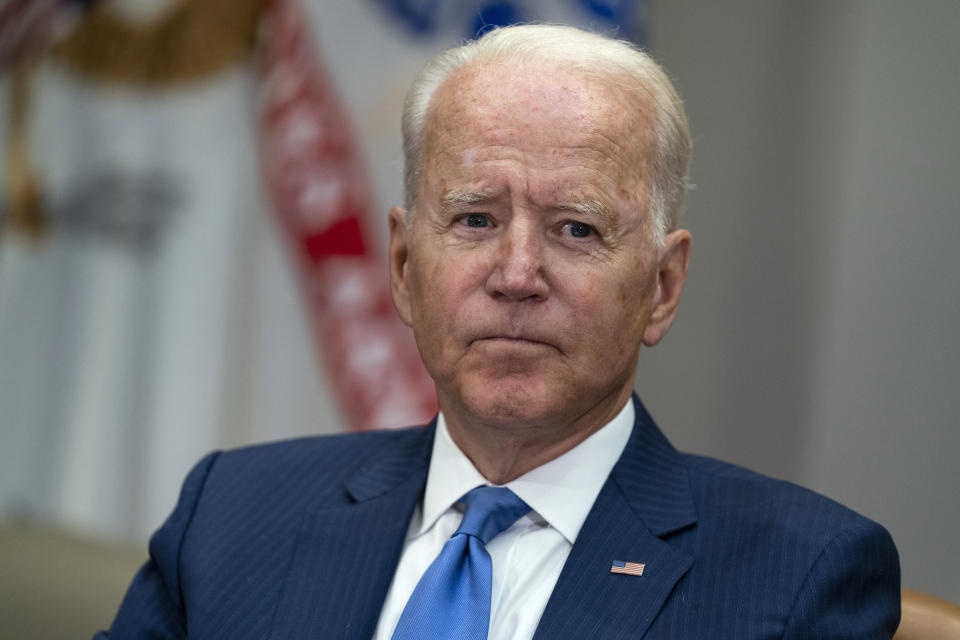 President Joe Biden listens to a question during a meeting on reducing gun violence, in the Roosevelt Room of the White House, Monday, July 12, 2021, in Washington. (AP Photo/Evan Vucci)