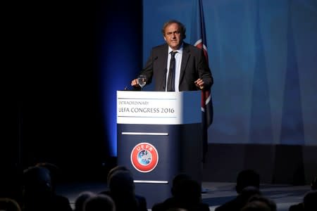 FILE PHOTO: Former UEFA President Michel Platini speaks before the election of the new UEFA President in Athens