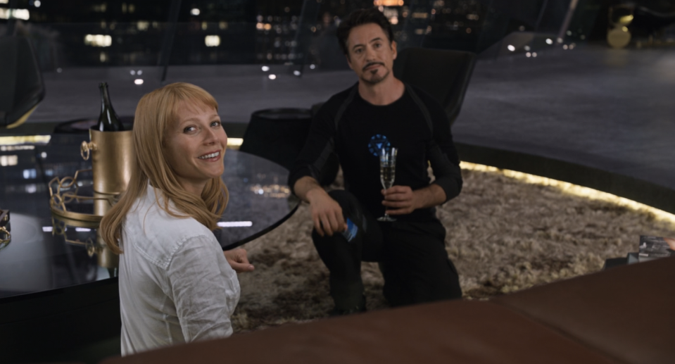 Gwyneth Paltrow and Robert Downey Jr. as Pepper Potts and Iron Man in "The Avengers."