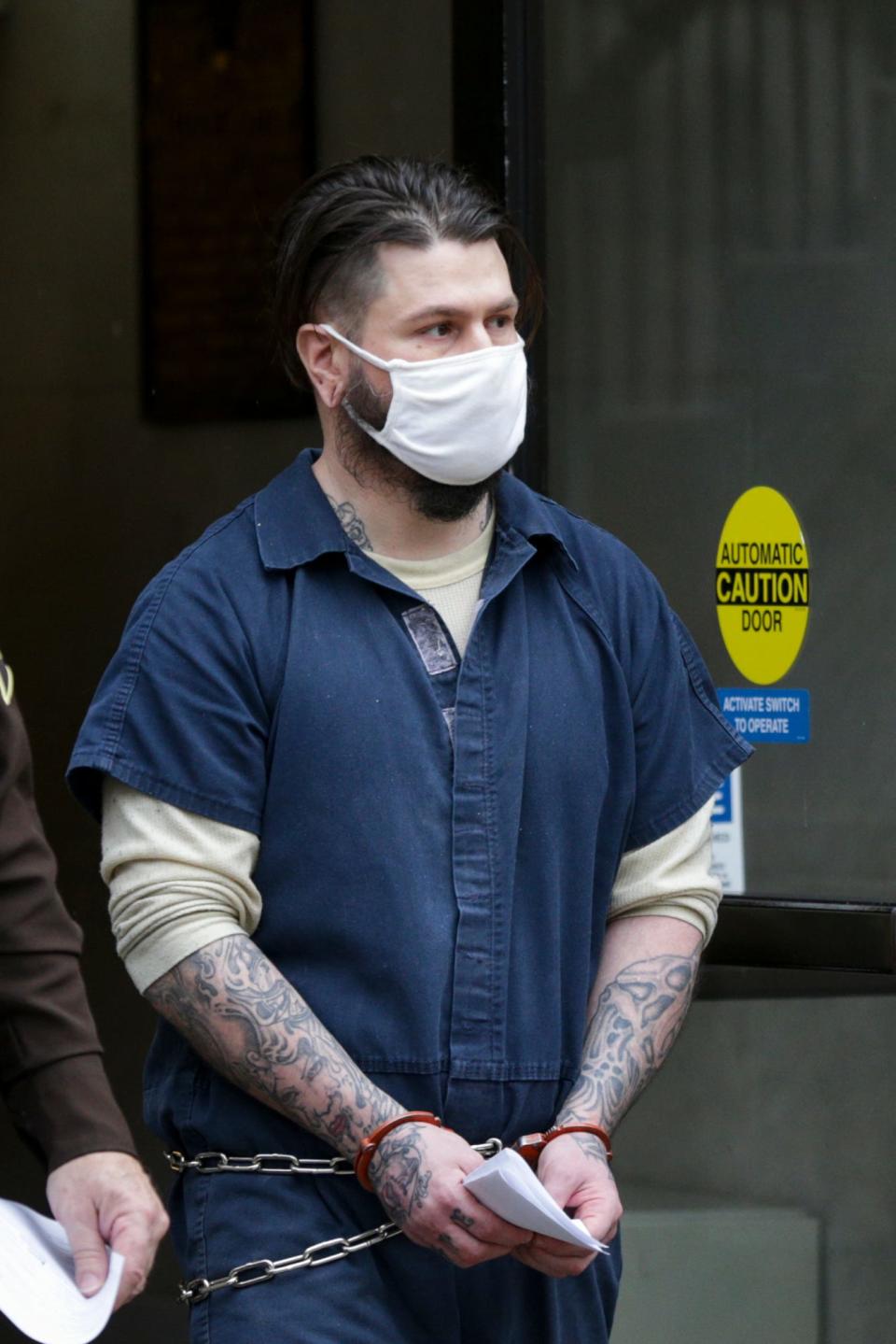 James Brian Chadwell II is escorted out of the Tippecanoe County Courthouse after being sentenced to 90 years for the assault of a 9-year-old girl, Thursday, Dec. 16, 2021 in Lafayette. Chadwell plead guilty on Oct. 22 to; attempted murder, two counts of child molesting, kidnapping, criminal confinement, battery resulting in serious bodily injury and strangulation of the 9-year-old girl on April 19, 2021.