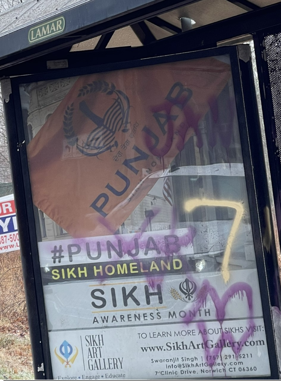 Graffiti defaces a billboard promoting Sikh Culture Awareness Month. The incident involved a sign previously vandalized weeks earlier. City Council member Swaranjit Singh said he reported the incidents to police after he realized his signs were being targeted. The Graffiti crosses our words on the advertisement and appears to show the date "Jan 7" along with the initials M and W placed on top of each other.