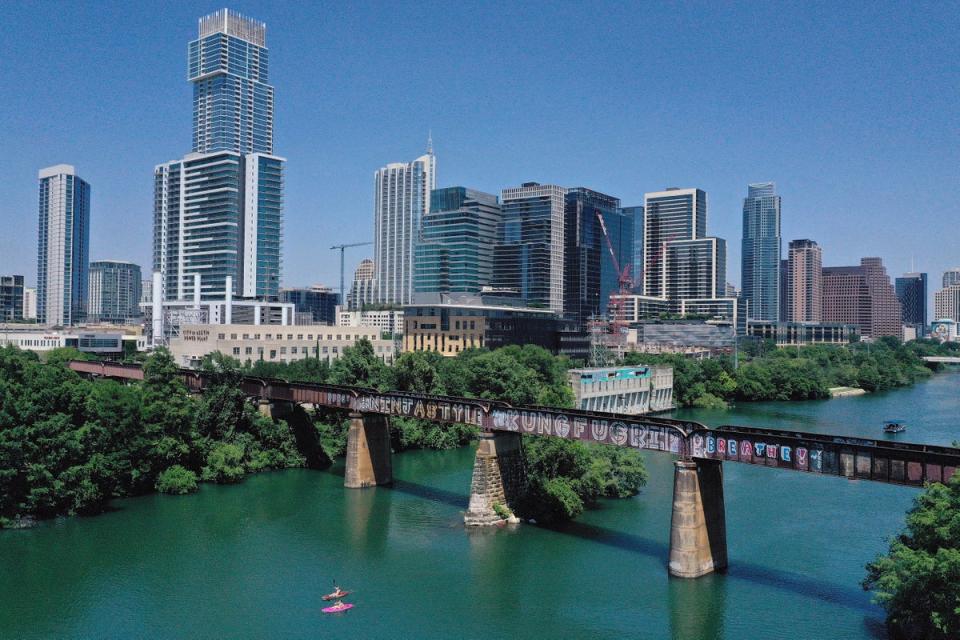 In this aerial view from a drone, residents paddle board and kayak in Lady Bird Lake on May 20, 2020 in Austin, Texas (Getty Images)