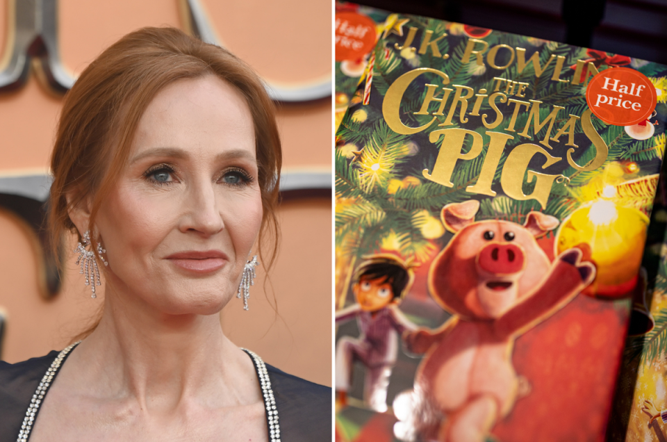 JK Rowling and the cover of her children’s book ‘The Christmas Pig’ (Getty Images)