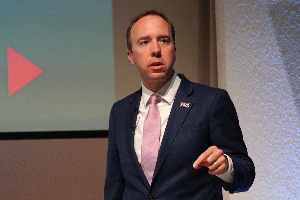 Health Secretary Matt Hancock delivers a speech on the future of the NHS at the Royal College of Physicians in central London. (Photo by Jonathan Brady/PA Images via Getty Images)