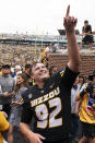 Missouri kicker Harrison Mevis points to fans as he walks off the field after defeating Kansas State 30-27 in an NCAA college football game Saturday, Sept. 16, 2023, in Columbia, Mo. (AP Photo/L.G. Patterson)