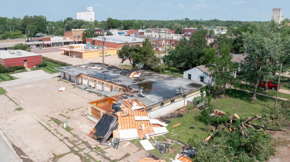 Damage in Halstead was extensive after a storm packing winds near 100 miles per hour, and possibly a tornado, struck the area on Sunday night.