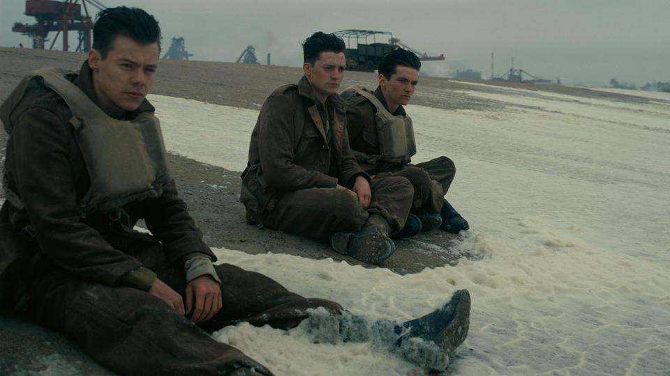 Harry Styles, Aneurin Barnard, and Fionn Whitehead play a trio of stranded soldiers in 'Dunkirk' (WB)